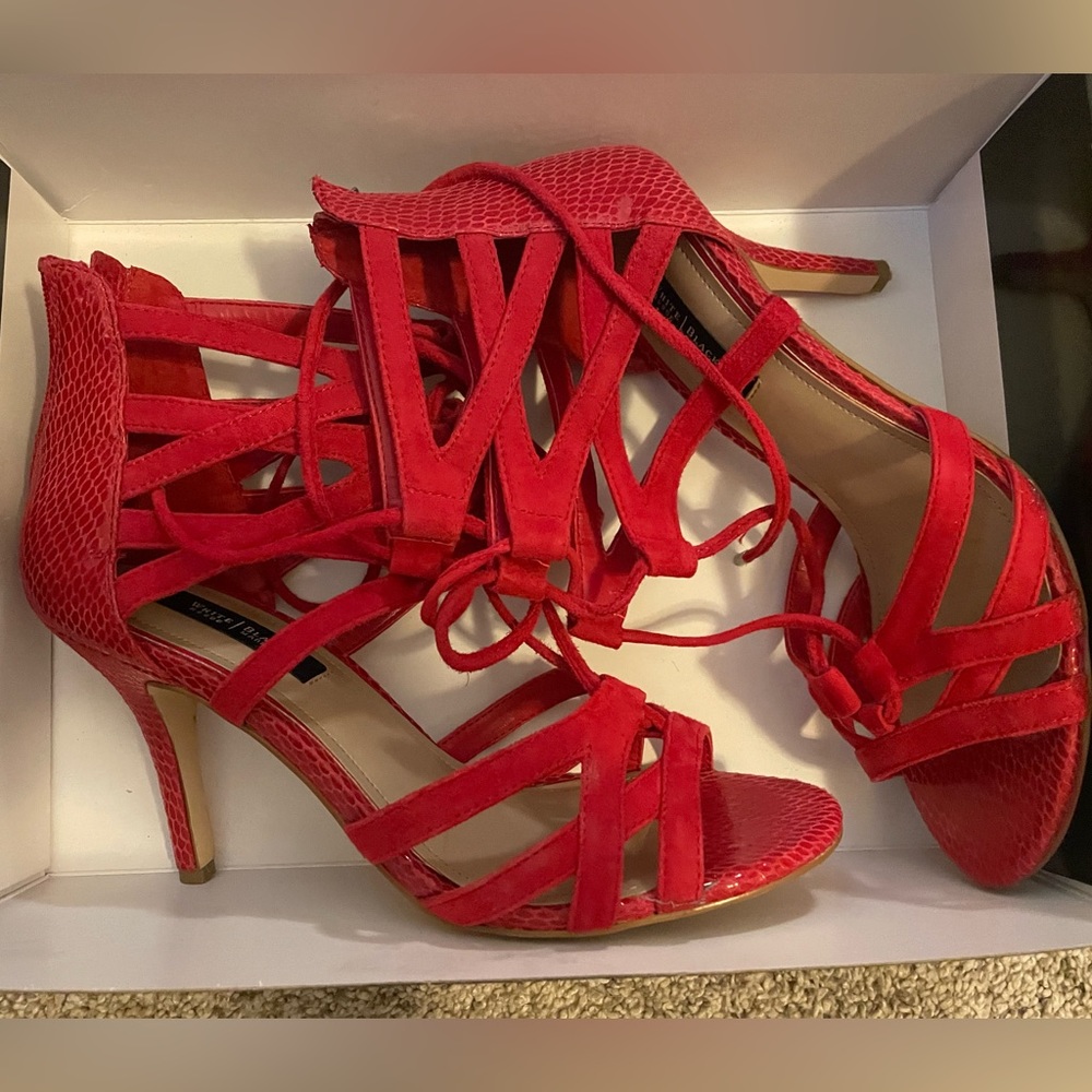WHBM red Demi lace up sandals heels 8M 8